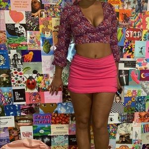 Floral top +pink skort + fuzzy heels